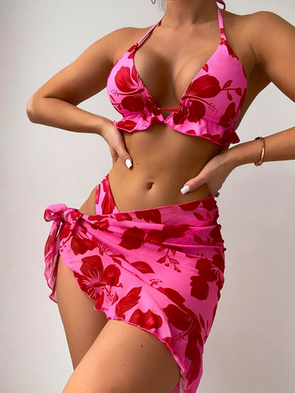Women'S Floral Print Bikini Set, V-Neck Halter Top with Frill Detail, High Stretch Polyester Swimsuit, 3pcs Swimwear for Music Festivals and Nightclubs