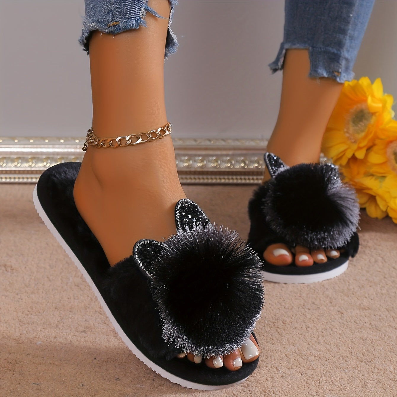 [Cute Slippers] Soft Women's Slip-On Slippers | All-Season Indoor House Shoes with Plush Faux Fur Trim & Sparkling Embellishments - Cute Slippers, Loungewear Essentials, Playful Design, Durable EVA Sole
