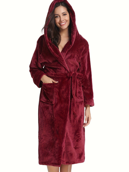 Elegant Polyester Hooded Dressing Gown for Women - Casual Long Sleeve Solid Color Lounge Robe with Belt, Flannel Winter Sleepwear with Hood, Knit Fabric, Warm Plush Lined Bathrobe for Fall/Winter