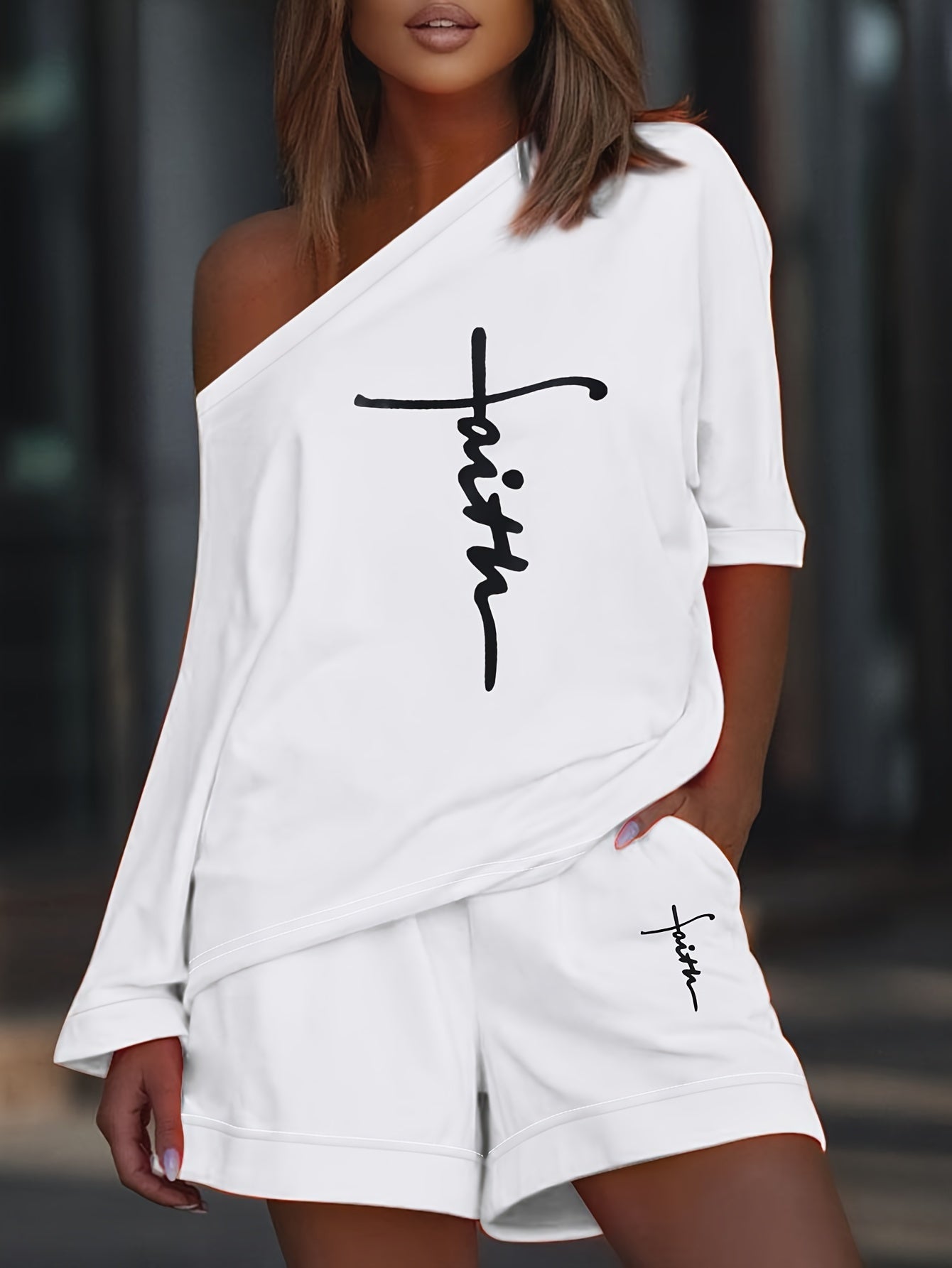 Chic Faith Printed Women's 2-Piece Set – Off-Shoulder Tee & Comfy Drawstring Shorts for Casual Wear