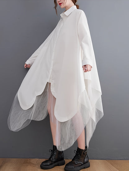 Asymmetric Hem Button Front Shirt, Stylish Long Sleeve Contrast Mesh Loose Blouse For Spring & Fall, Women's Clothing