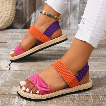 Vibrant Colorblock Flat Sandals for Women - Open Toe, Elastic Strap, Slip-On, Espadrille Sole, Beach Summer Shoes with Breathable Design and Comfortable Walking Experience