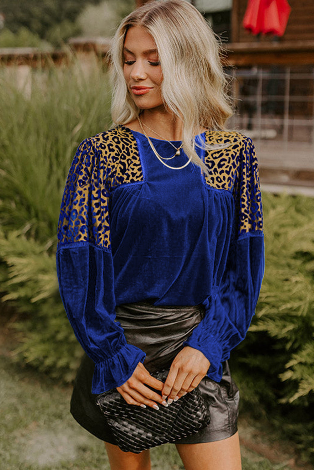 Sky Blue Leopard Patchwork Shoulder Flounce Sleeve Velvet Blouse