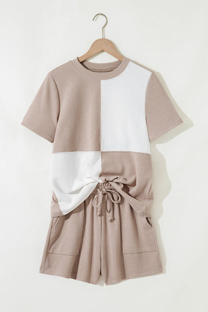 Jet Stream Textured Colorblock Patchwork Tee and Shorts Set