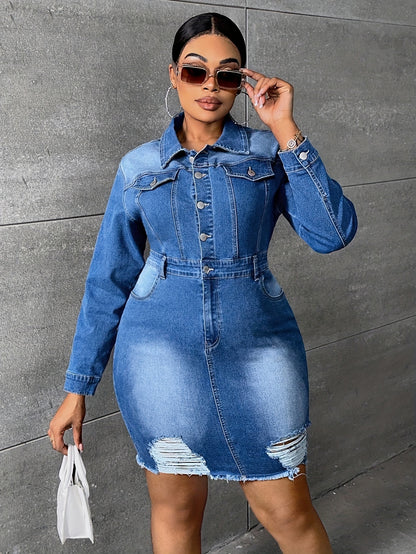Womens Fashion-Forward Ripped Denim Jacket Dress - Trendy Long Sleeve with Raw Hem, Chic Button Up, Elegant Casual Outerwear for All Seasons