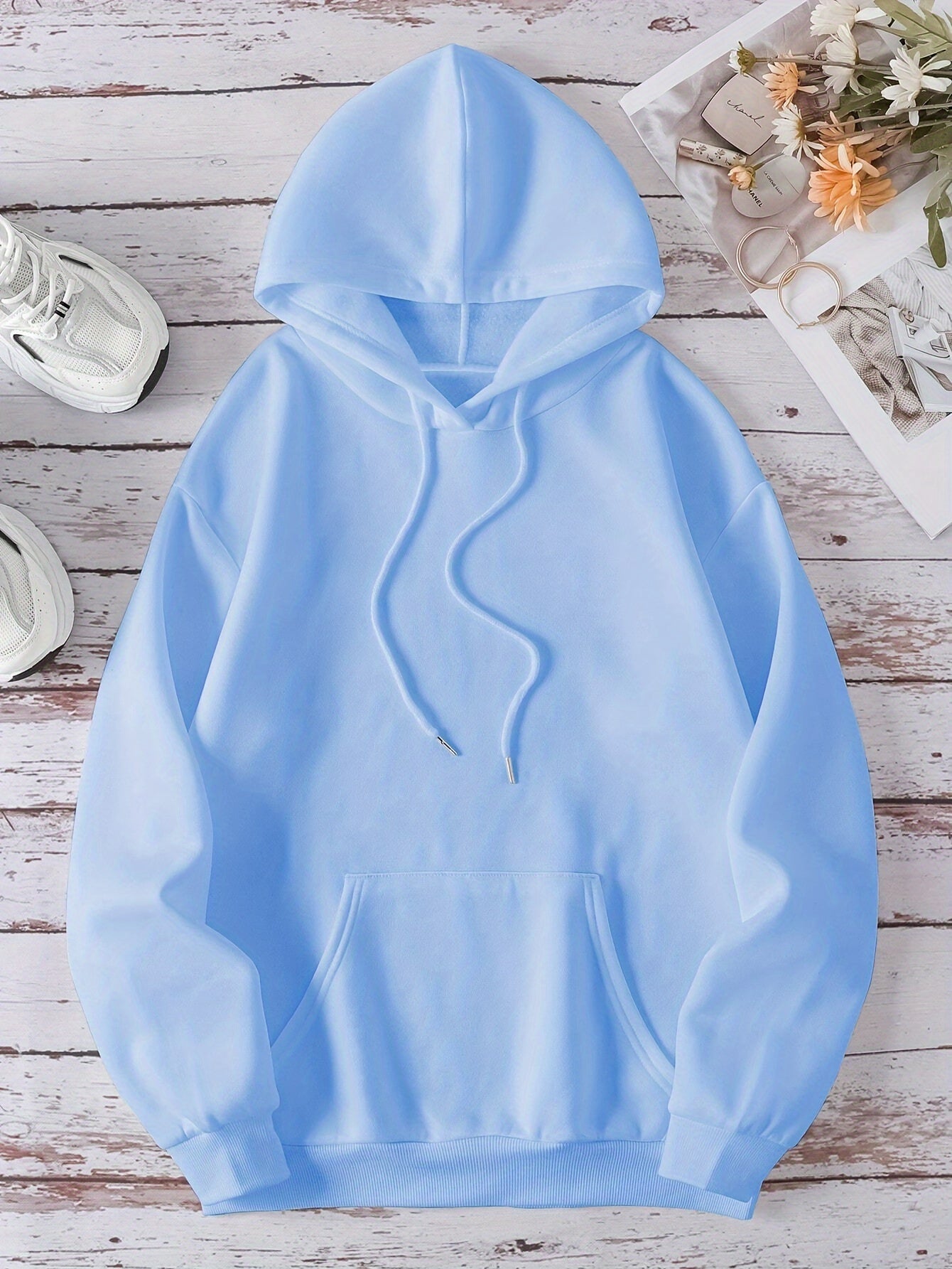 Women's Light Blue joyful Face & Lightning Bolt Print Hoodie - Cozy Polyester Knit, Drawstring Hood with Front Pocket, Long Sleeves - Casual Sporty Sweatshirt Jacket for Fall/Winter, Sweater Hoodie