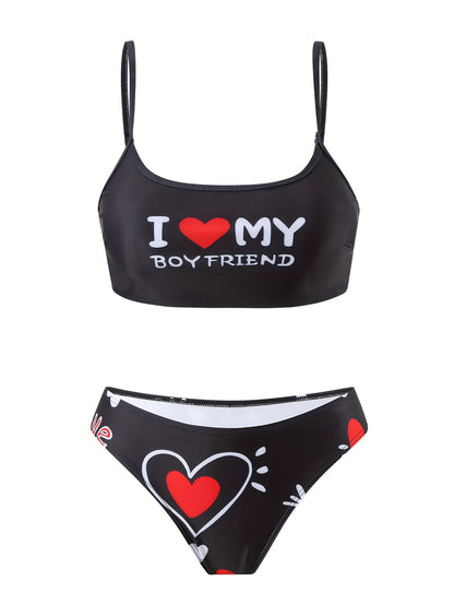 Women'S 3pcs Bikini Set, Sexy High Stretch Knit Fabric, Polyester 82% Elastane 18%, All Over Heart Print, Love My Boyfriend & Love Pattern, 200g/m², for Running & Swimming
