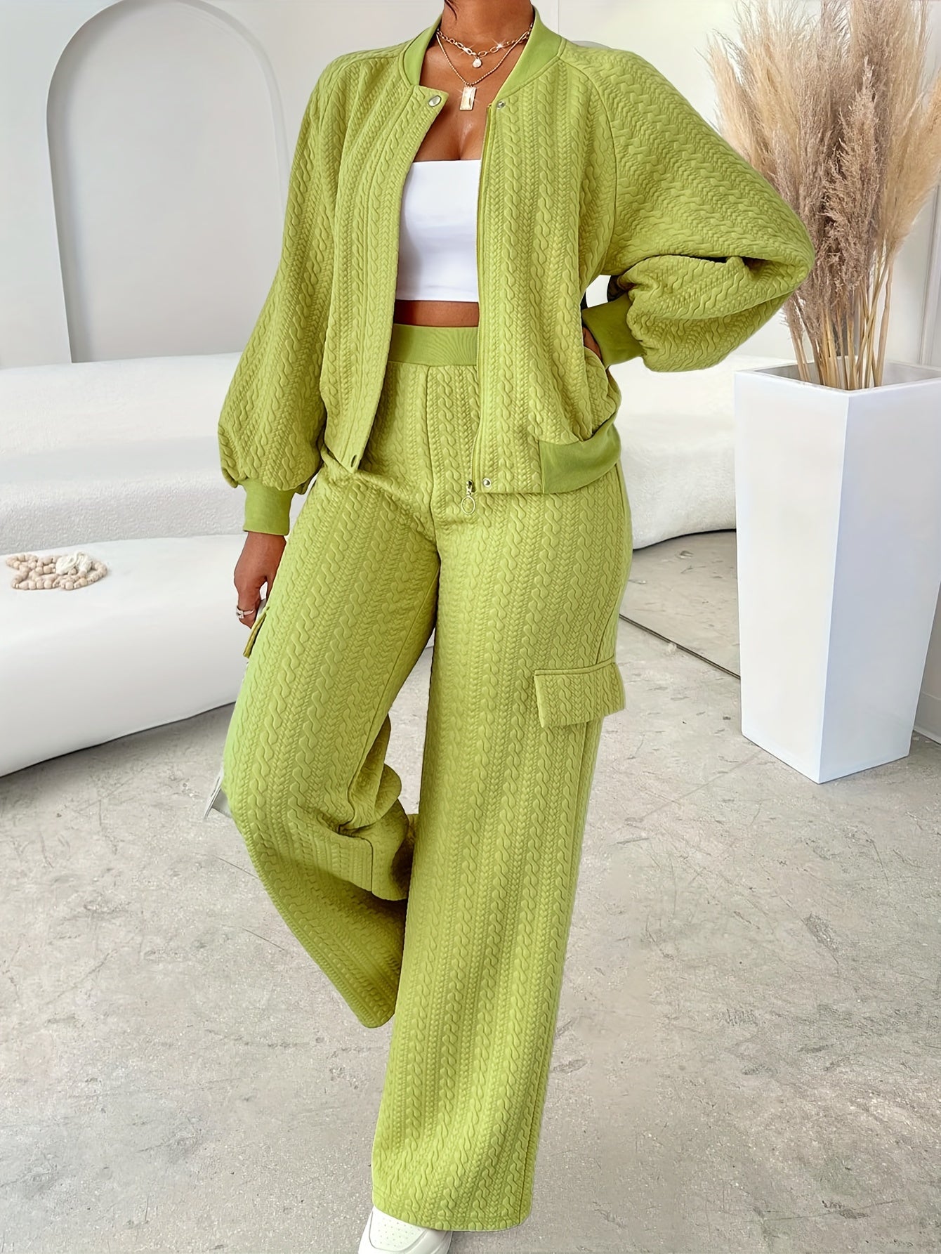 Women'S Casual Chic Two-Piece Set, Solid Color Long Sleeve Zippered Jacket and Straight-Leg Pants, Polyester 95% Elastane 5% Knit Fabric, Crew Neck, Fall/Winter Collection