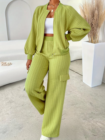 Women'S Casual Chic Two-Piece Set, Solid Color Long Sleeve Zippered Jacket and Straight-Leg Pants, Polyester 95% Elastane 5% Knit Fabric, Crew Neck, Fall/Winter Collection