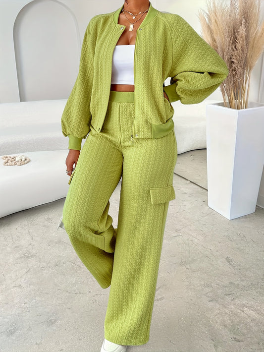 Women'S Casual Chic Two-Piece Set, Solid Color Long Sleeve Zippered Jacket and Straight-Leg Pants, Polyester 95% Elastane 5% Knit Fabric, Crew Neck, Fall/Winter Collection