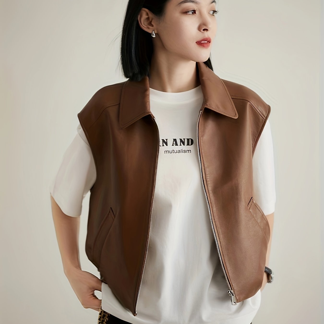 Women's Vintage Style Versatile Genuine Sheepskin Leather Vest, Casual Sleeveless Jacket With Zipper Detail