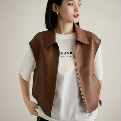 Women's Vintage Style Versatile Genuine Sheepskin Leather Vest, Casual Sleeveless Jacket With Zipper Detail