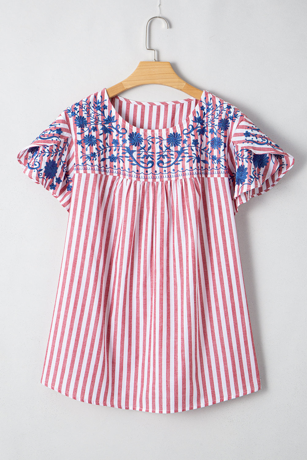 Red Stripe Plus Size Floral Embroidered Petal Sleeve Blouse