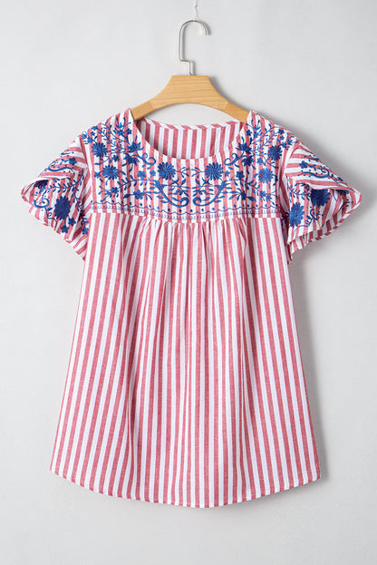 Red Stripe Plus Size Floral Embroidered Petal Sleeve Blouse