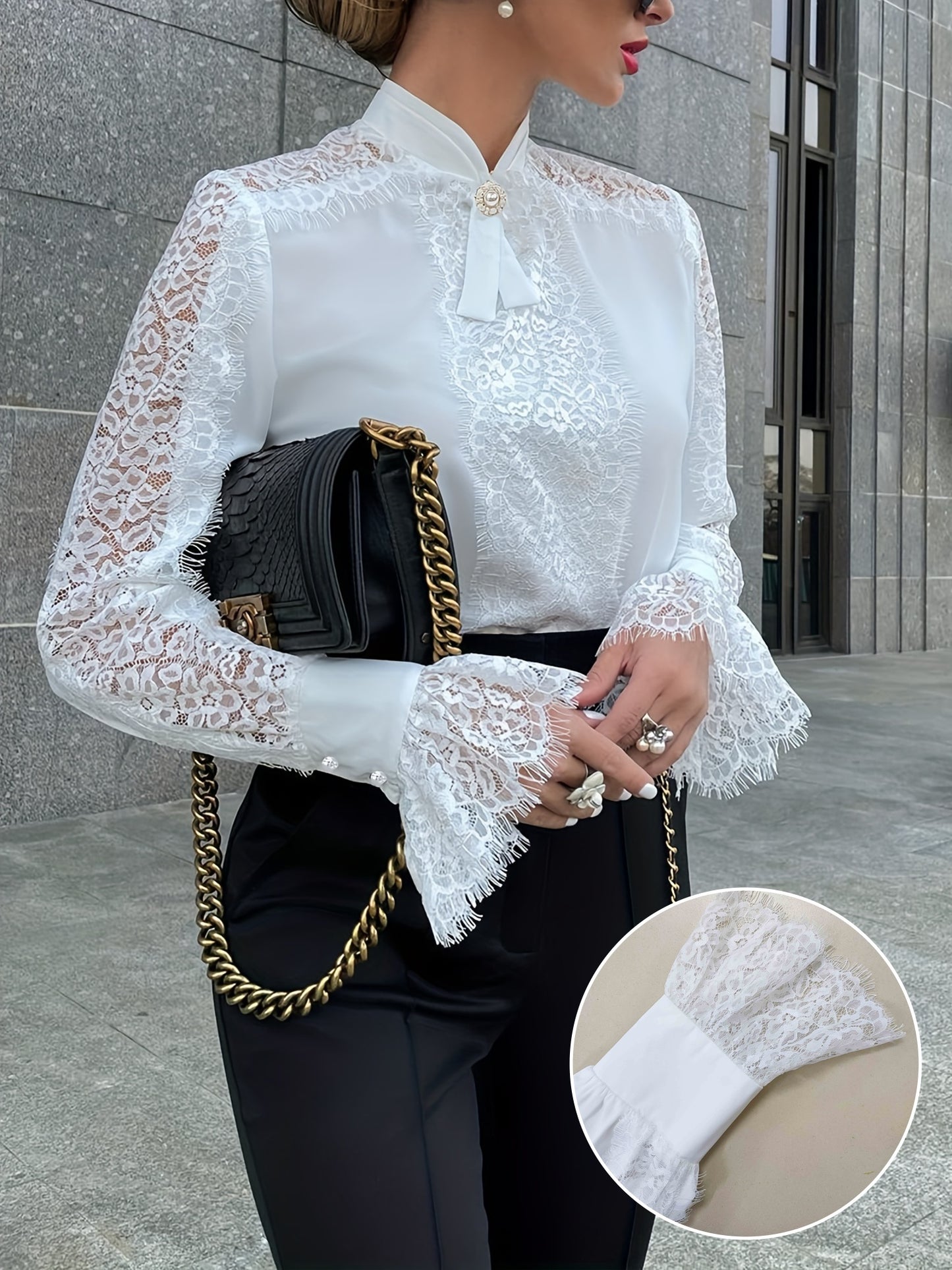 Stunning Lace Trim Blouse - Women's Elegant Long Bell Sleeve Tops for Spring & Fall - Chic Stand Collar Clothing with Delicate Details