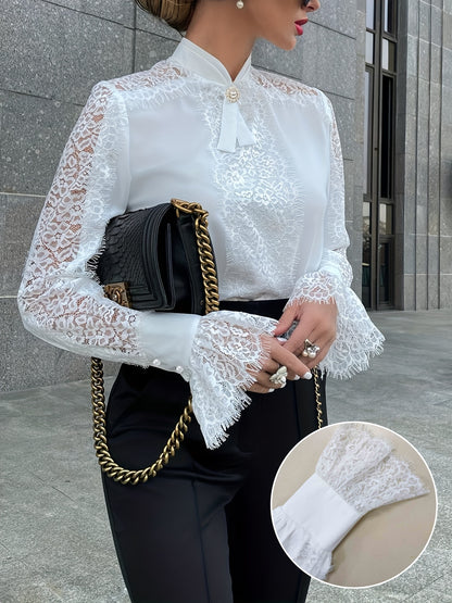 Stunning Lace Trim Blouse - Women's Elegant Long Bell Sleeve Tops for Spring & Fall - Chic Stand Collar Clothing with Delicate Details
