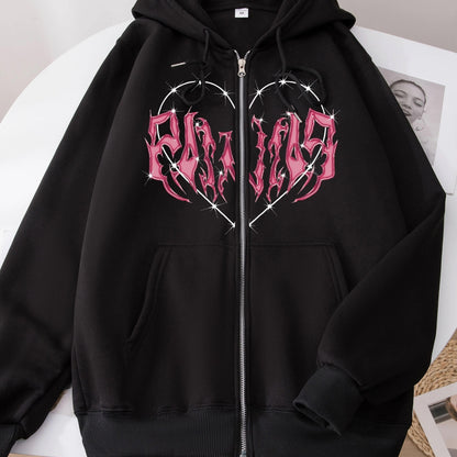 Heart Graphic Long Sleeve Zip Up Drawstring Hoodie, Stylish Pockets Loose Letter Print Sweatshirt, Women's Clothing