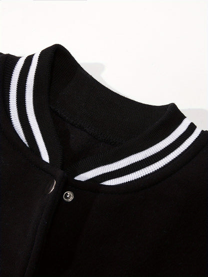 Chic NY-Inspired Women's Varsity Jacket - Elegant Black and White Baseball Uniform Style with Large "58.42cm & NYC Lettering, Striped Accents, Button Closure, Long Sleeves - Perfect for Spring & Autumn Casual Wear