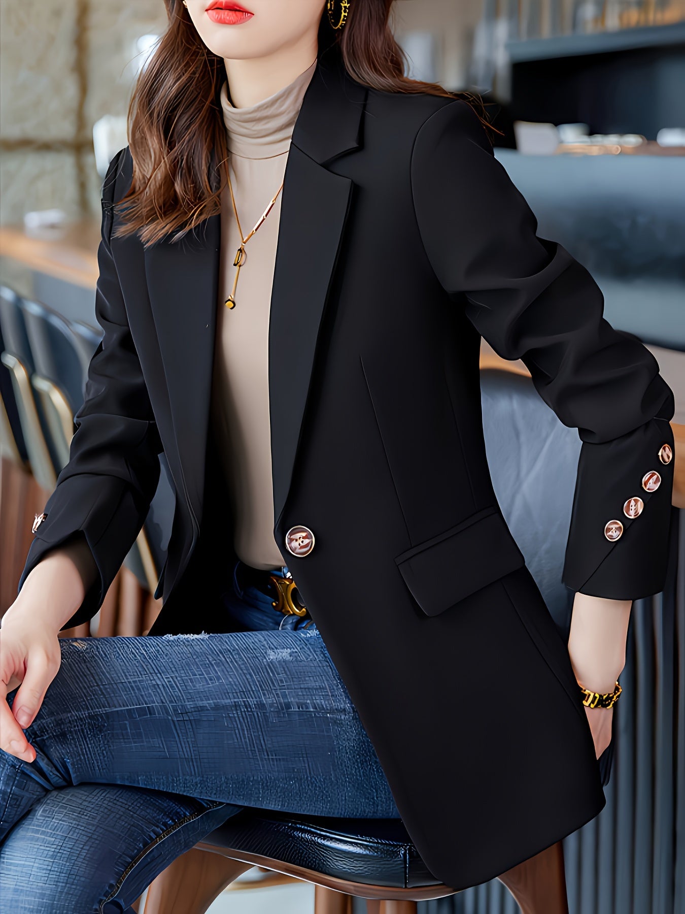 Elegant Black Blazer with Golden Buttons - Stylish Long Sleeve Women'S Blazer for Work & Casual, Autumn & Winter, Casual Workwear | Elegant Blazer | Stylish Button Detail, Blazers for Women