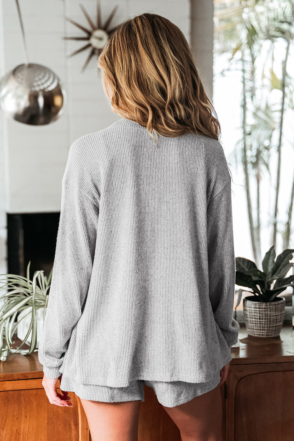 Light Grey 3 Pieces Rib Crop Camisole Matching Shorts Lounge Set with Cardigan