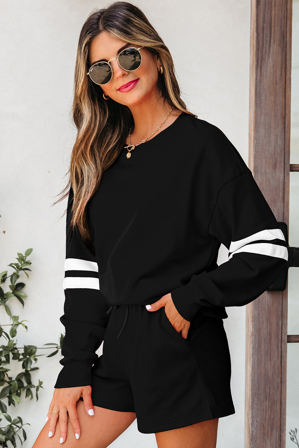 Black Varsity Striped Sleeve Drop Shoulder Sweatshirt and Short Set