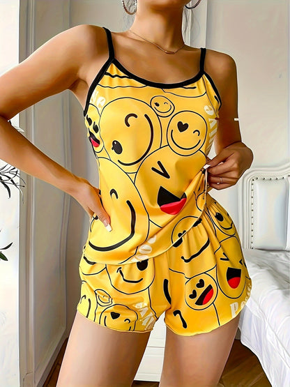 Cozy Women's Smiling Face Print Pajama Set - Soft Round Neck Backless Cami Top & Shorts, Comfortable Relaxed Fit for a Peaceful Sleep, Breathable Fabric, and Vibrant Colors
