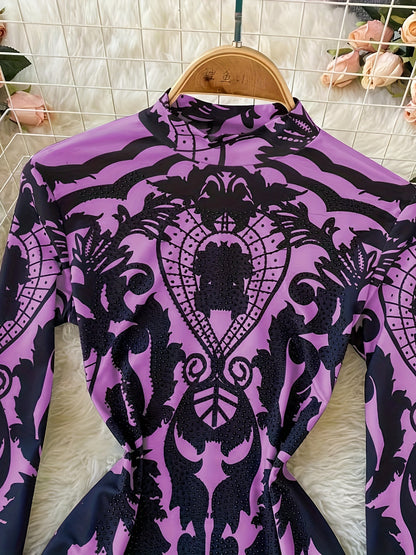 Women'S Tropical Print Bodysuit with Rhinestone Detail - Slim Fit, Stand Collar, Long Sleeve, All-Season Versatile Jumpsuit for Casual or Stylish Outfits, Stylish Outfit Bodysuit | Stand Collar Top | Polyester Fabric, Bodysui