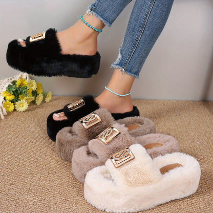 Women's Plush Slippers with Metallic Buckle - Thick Sole, Faux Furry Material, Black/Brown/Grey, Comfortable Indoor Shoes for All Seasons, House Slippers