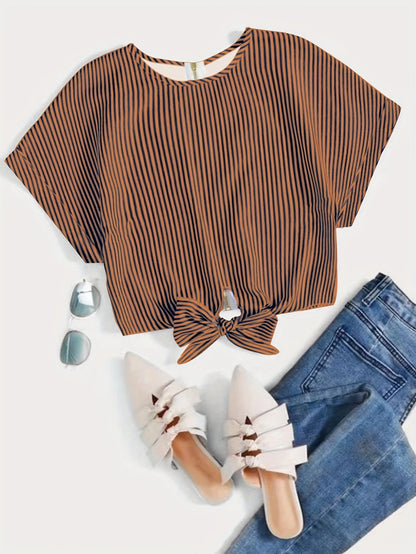 Striped Zip Up Knotted Blouse, Elegant Short Sleeve Crop Top For Spring & Summer, Women's Clothing