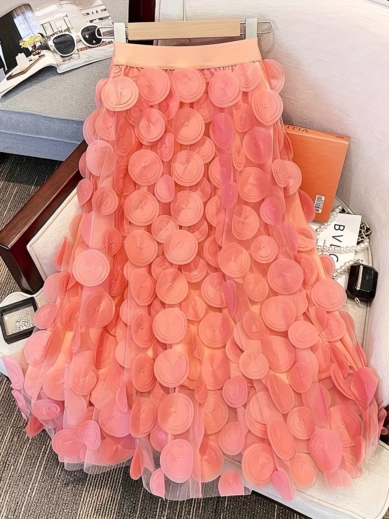 Applique High Waist Skirts, Elegant Maxi Skirts For Spring & Summer, Women's Clothing