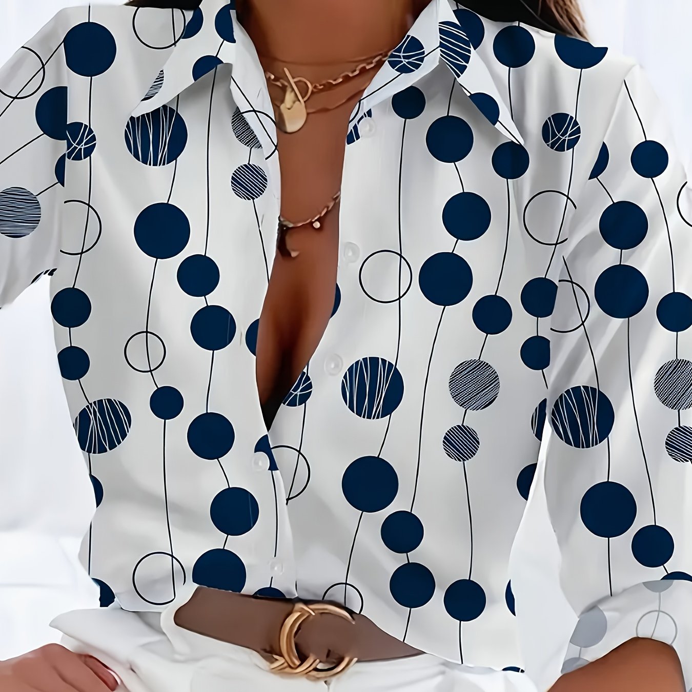 Print Women's Navy Blue & White Polka Dot Shirt - Long Sleeve Button-Up Collared Blouse, Regular Fit Machine Washable All-Season Top for Casual & Formal Wear, Office Attire, Classic Style, Durable Material, Buttonup Blouse, P