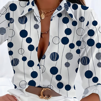 Print Women's Navy Blue & White Polka Dot Shirt - Long Sleeve Button-Up Collared Blouse, Regular Fit Machine Washable All-Season Top for Casual & Formal Wear, Office Attire, Classic Style, Durable Material, Buttonup Blouse, P
