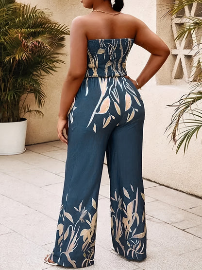 Vibrant Floral Print Bandeau Shirred Tube Jumpsuit - Comfy Vacation Essential with Tie Front Pockets for Spring & Summer - Womens Polyester Woven Casual Clothing with No Elasticity