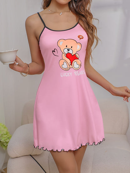 Women's Teddy Bear With Heart & Letter Print Casual Frill Trim Sleepwear Dress, Round Neck Backless Slip Dress, Comfortable Nightgown