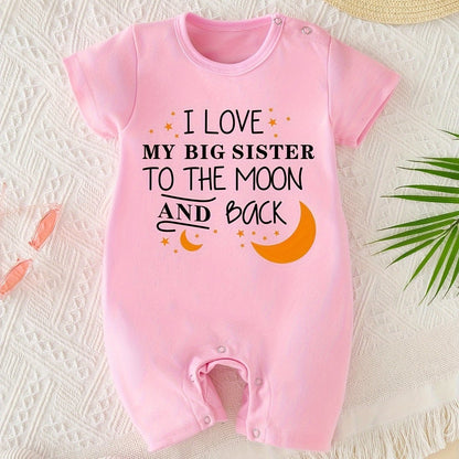 Adorable I LOVE My Big Sister Letter Print Summer Short Sleeve Quadrangle Jumpsuit Bodysuit - Soft, Comfortable & Breathable Baby Clothes - Perfect Pregnancy Gifts for Proud Big Sisters