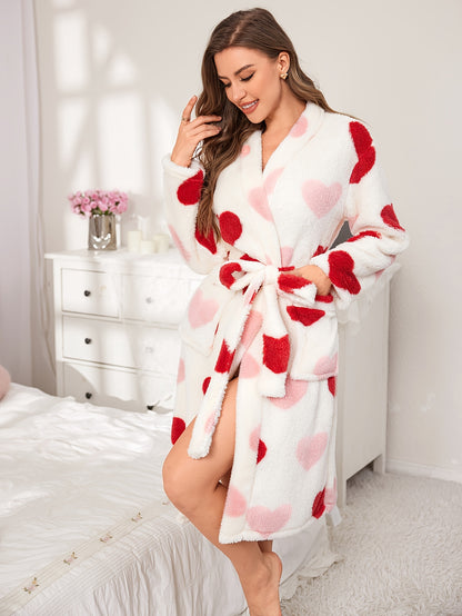 Elegant Heart Pattern Fleece Thickened Night Robe For Fall & Winter, Long Sleeve V Neck Robe With Belt, Women's Sleepwear & Dresses