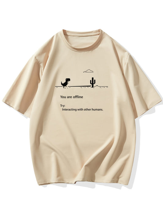 Men's Plus Size 'You are offline...' Print Stretch T-shirt, Oversized Short Sleeve Tops For Spring Summer, Causal Loose Clothing For Big And Tall Guys