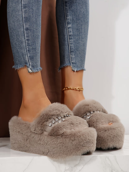 [Sparkling Rhinestone Slippers] Plush Faux Fur Sparkling Rhinestone-Decorated Slippers | Women's Slip-On with Thick Cushioned Rubber Sole & Sloped Heel | All-Season Indoor House Shoes for Warmth & Comfort (Black/Grey/White)