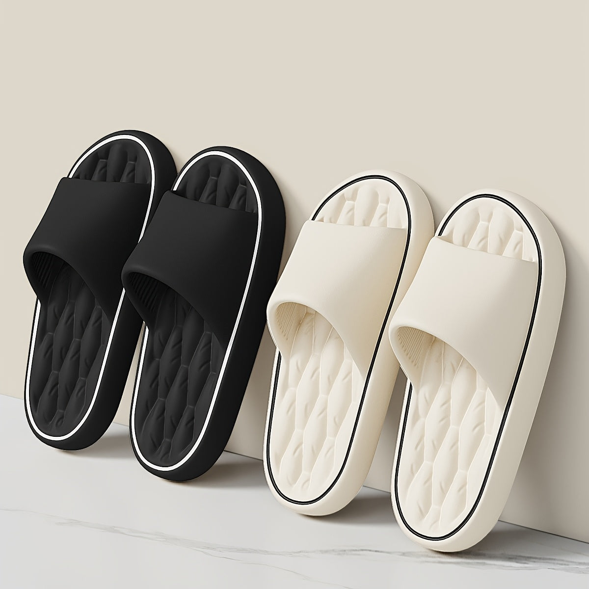 [Comfortable Slides] Comfortable Unisex EVA Slides | Non-Slip Indoor/Outdoor Slippers for Men and Women, Black with White Trim, Textured Sole for Enhanced Grip, Perfect for Home, Bathroom, or Casual Use, House Slippers
