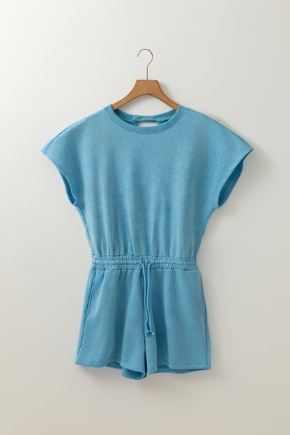 Mist Blue Mineral Wash Drawstring Elastic Waistband Hollow Out Back Short Sleeve Romper