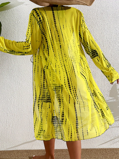 Trendy Tie Dye Striped Bikini Three Pieces Set, Solid Bra & Panty & Cover Up for Beach Wear, Women's Swimwear