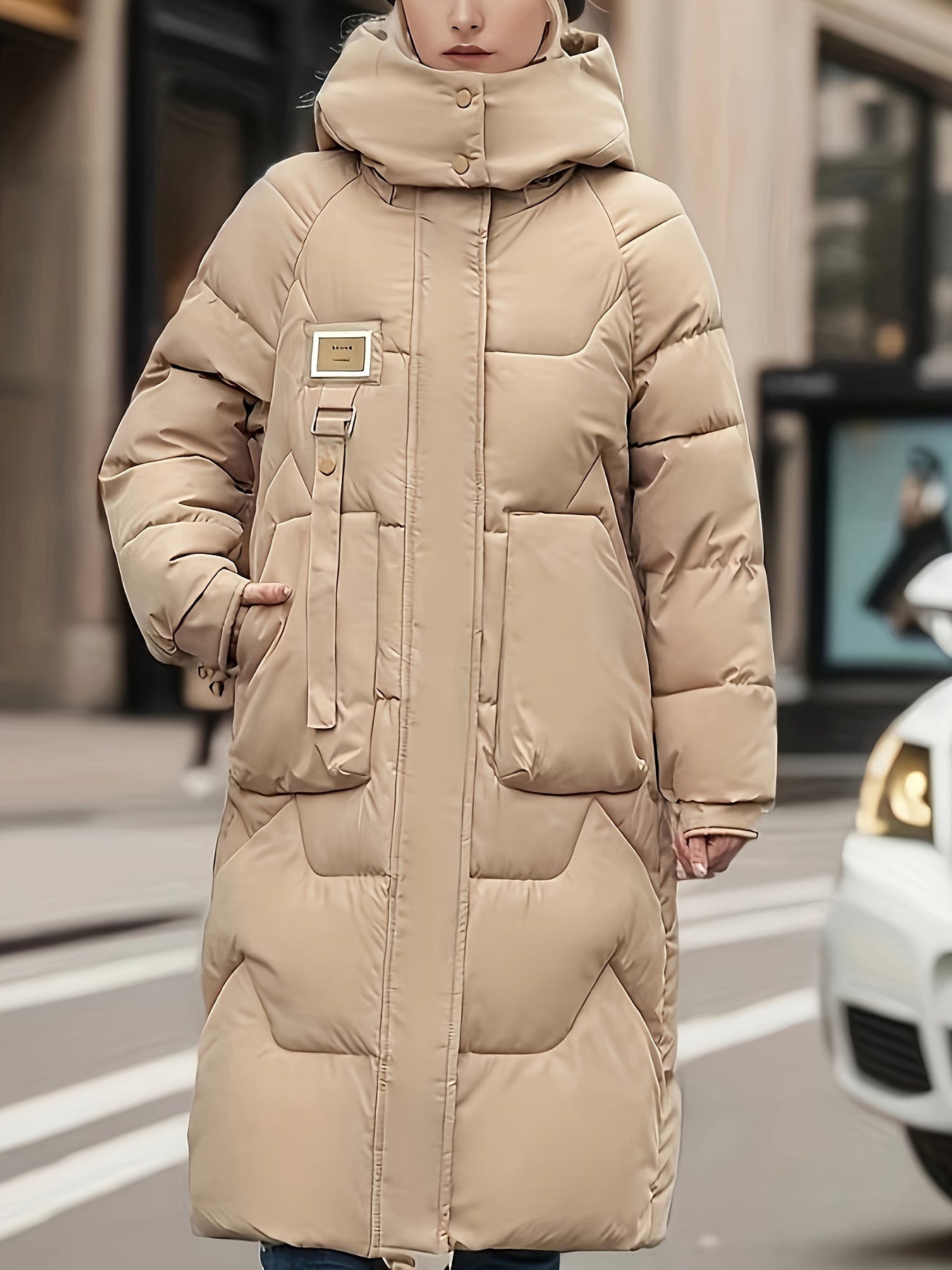 Women's Light Green Long Winter Coat - Warm Casual Padded Jacket with Zippered Pockets, Hood, and Adjustable Drawstrings for Holiday Style, Winter Clothes
