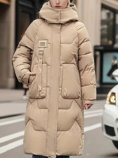 Women's Light Green Long Winter Coat - Warm Casual Padded Jacket with Zippered Pockets, Hood, and Adjustable Drawstrings for Holiday Style, Winter Clothes