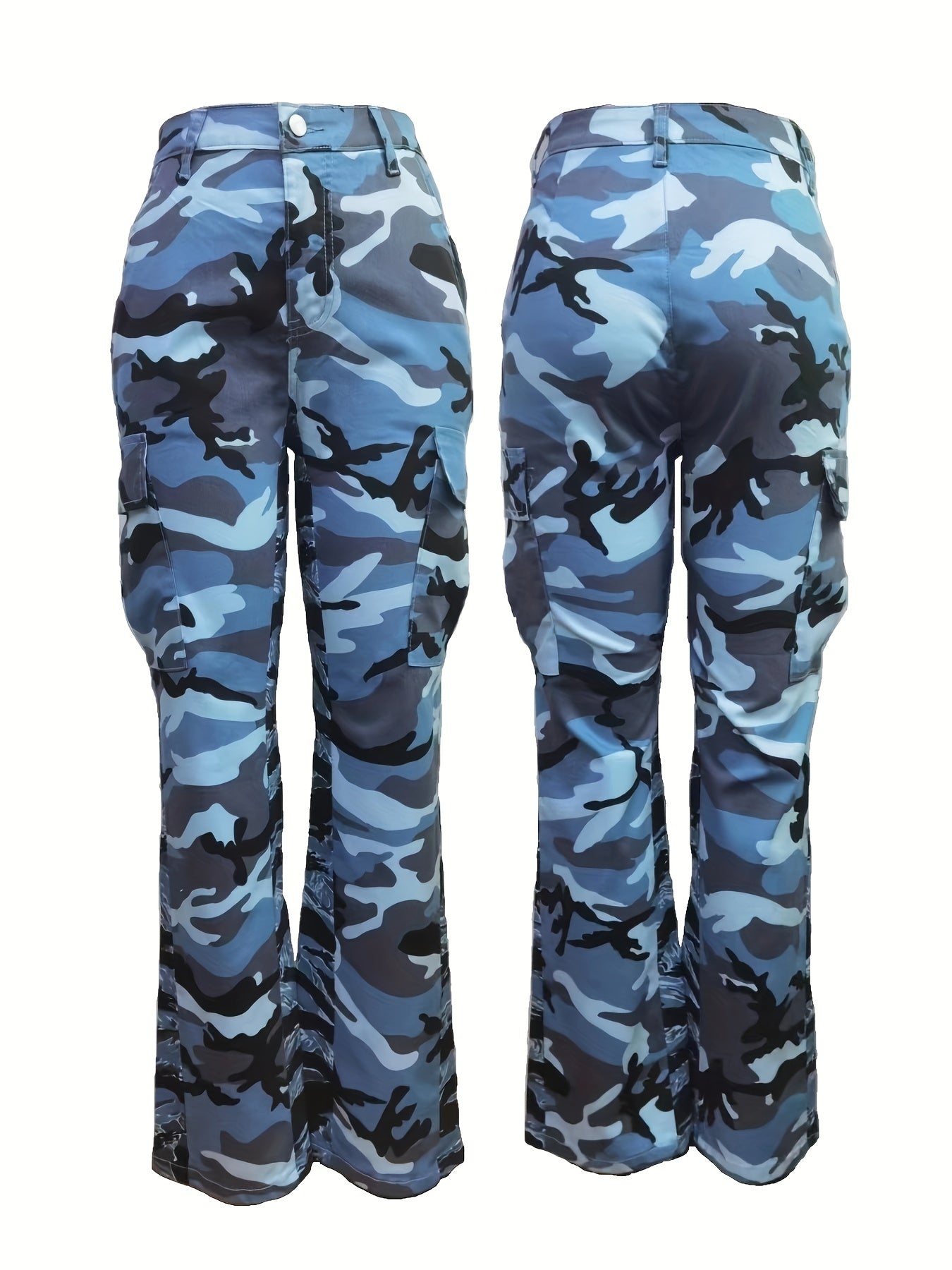 Fashionable High Waist Camouflage Cargo Jeans - Sleek Straight Fit with Medium Stretch & Stylish Flap Pockets - Trendy High Rise Denim Pants for Women