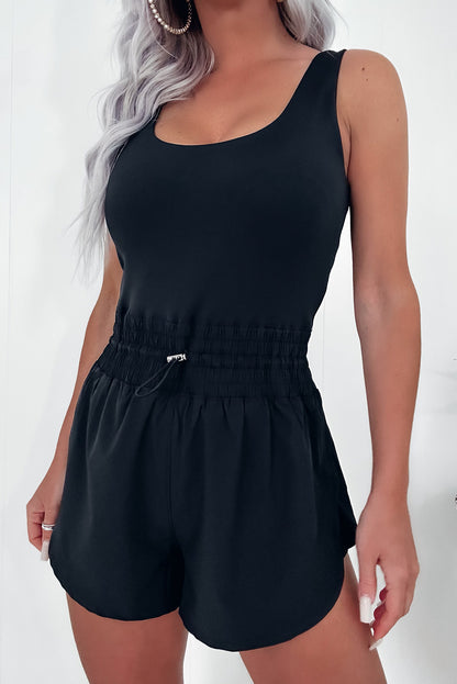 Black Plain Sleeveless Loop Drawstring Cinched Waist Romper