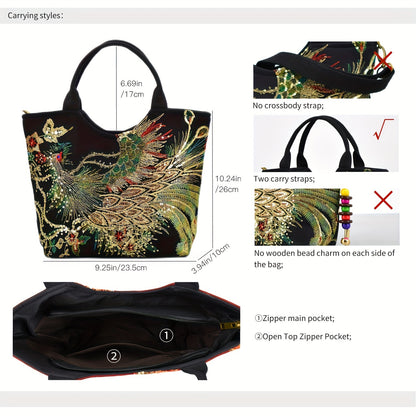 Women's Embroidered Satchel Bag, Fashion Double Handle Purse, Retro Style Handbag With Removable Strap