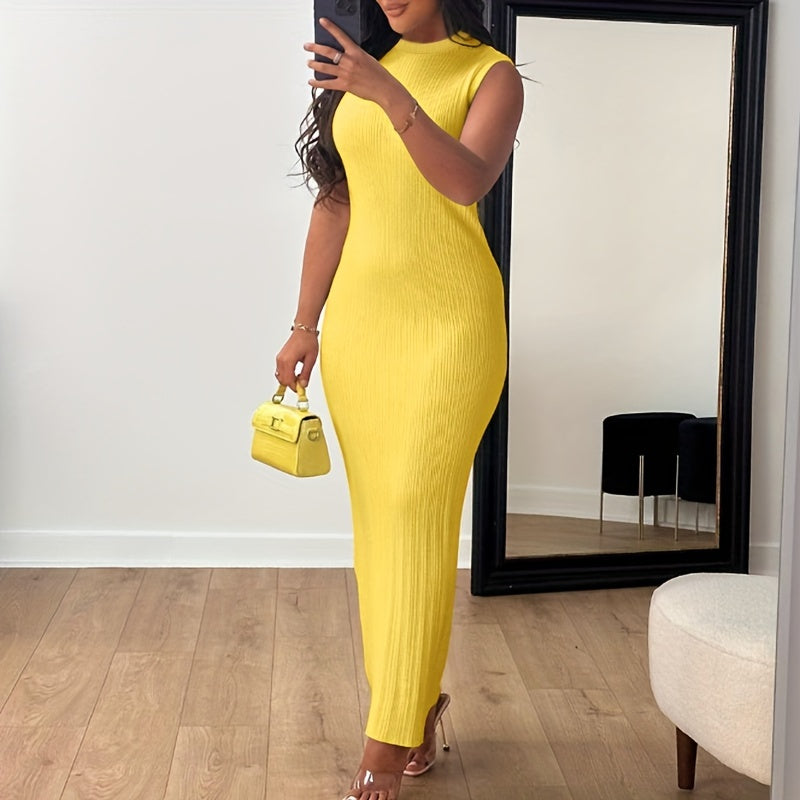 Women's Summer 2023 Fashion Casual Knit Sleeveless Crew Neck Bodycon Pencil Dress, Polyester 95% Spandex 5%, Solid Color Long Length Skinny Fit