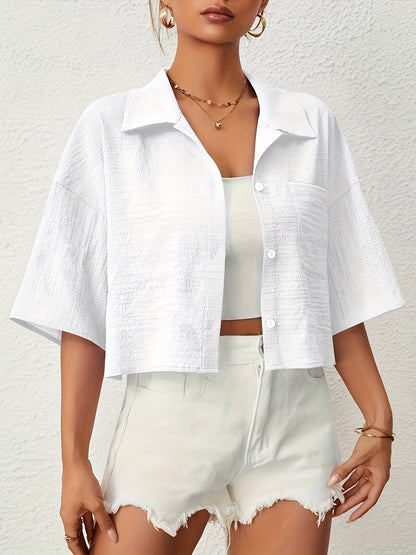 Button Front Crop Blouse, Casual Short Sleeve Blouse For Spring & Summer, Women's Clothing