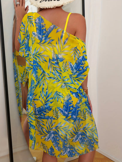 3 Piece Tropical Print High Waist Bikini Set - Off the Shoulder, High Stretch, Semi-Sheer, Polyester Fabric, Random Printing, Knit Swimsuits for Women - Perfect for Swimming and Beach Activities