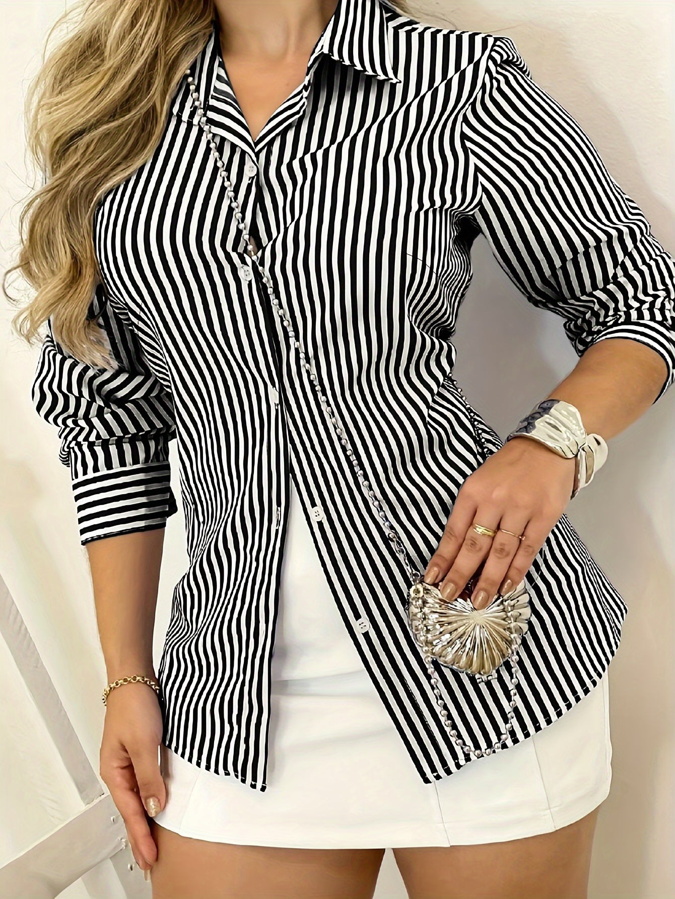 Vibrant Striped Print Long Sleeve Blouse - Soft, Breathable, Relaxed Fit, Single-Breasted Design, Casual Chic Style for Spring and Fall Seasons - Women's Comfortable Clothing for Everyday Wear